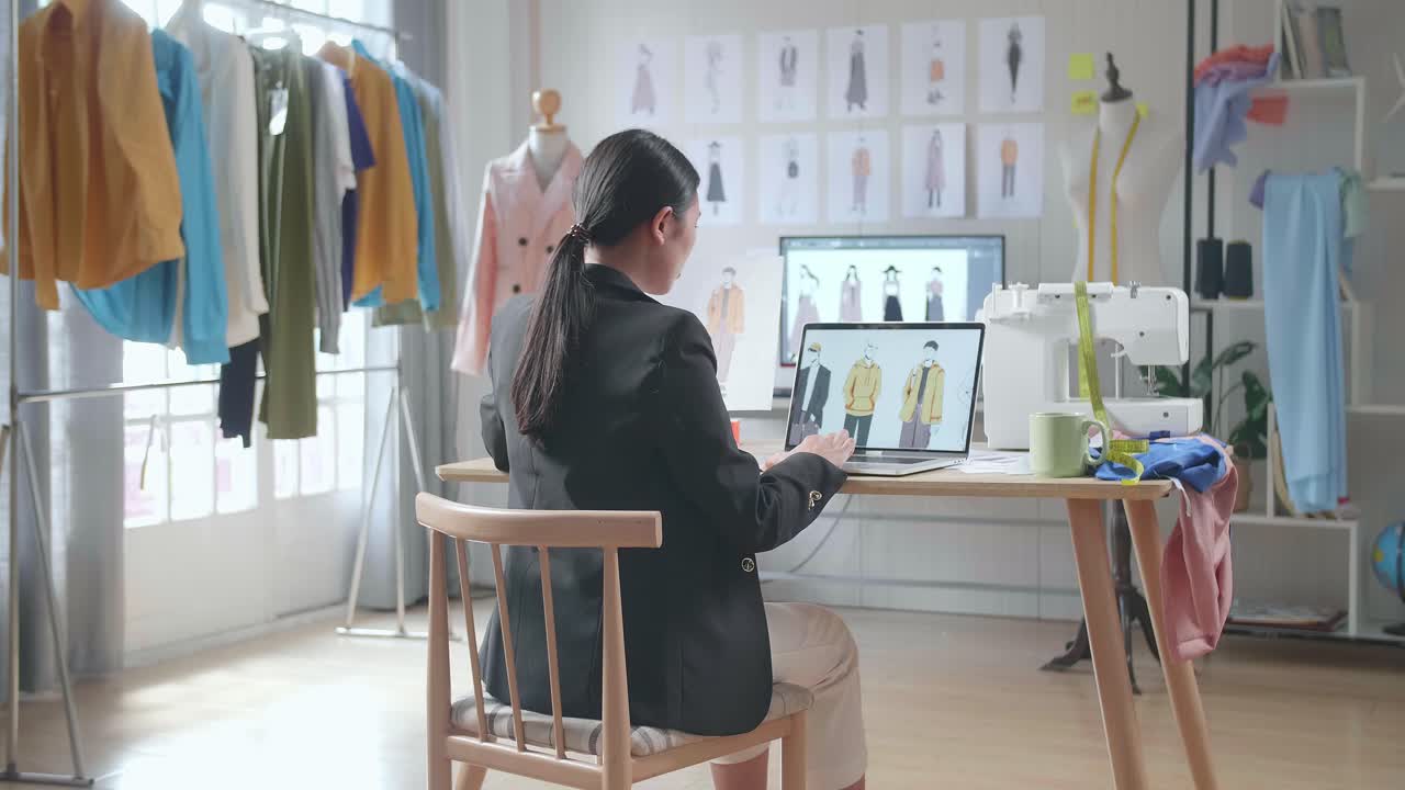 비즈니스 슈트를 입은 아시아 여성 디자이너가 손에 든 종이를 보고 스튜디오에서 옷을 디자인하는 동안 노트북에 있는 사진과 비교하는 모습