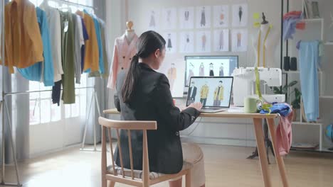 back view of asian female designer in business suit looking at the paper in hand and comparing it to the pictures on a laptop while designing clothes in the studio