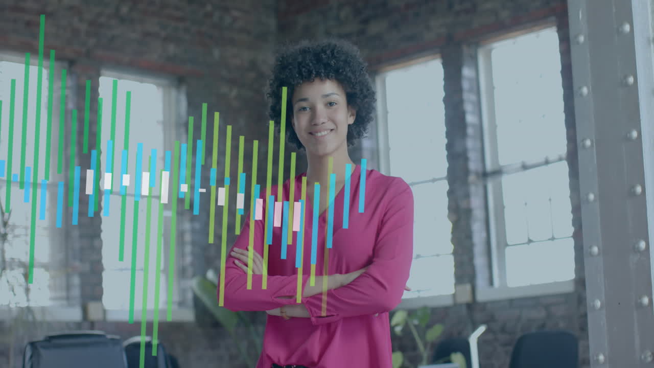 animación de diagramas sobre una mujer de negocios biracial en la oficina