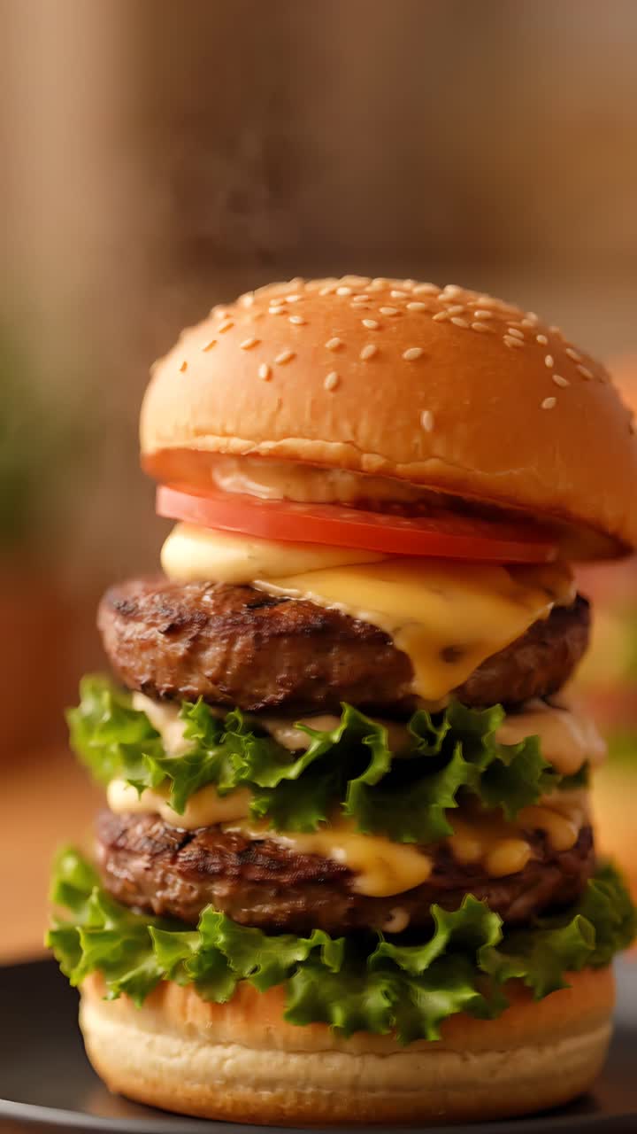 Hamburger Succoso Primo Piano Sfondo Bokeh 4K