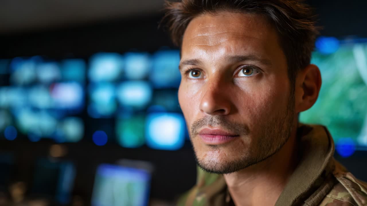 Intense Focus of a Soldier: A Captivating Glimpse into the Life of a Military Personnel During Operations, Showcasing Concentration in a Control Room Surrounded by High-Tech Displays