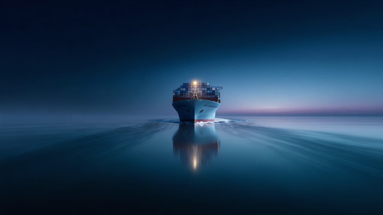 Una nave portacontainer naviga attraverso acque tranquille al tramonto, circondata da riflessi calmi e luce soffusa in un sereno paesaggio marittimo.