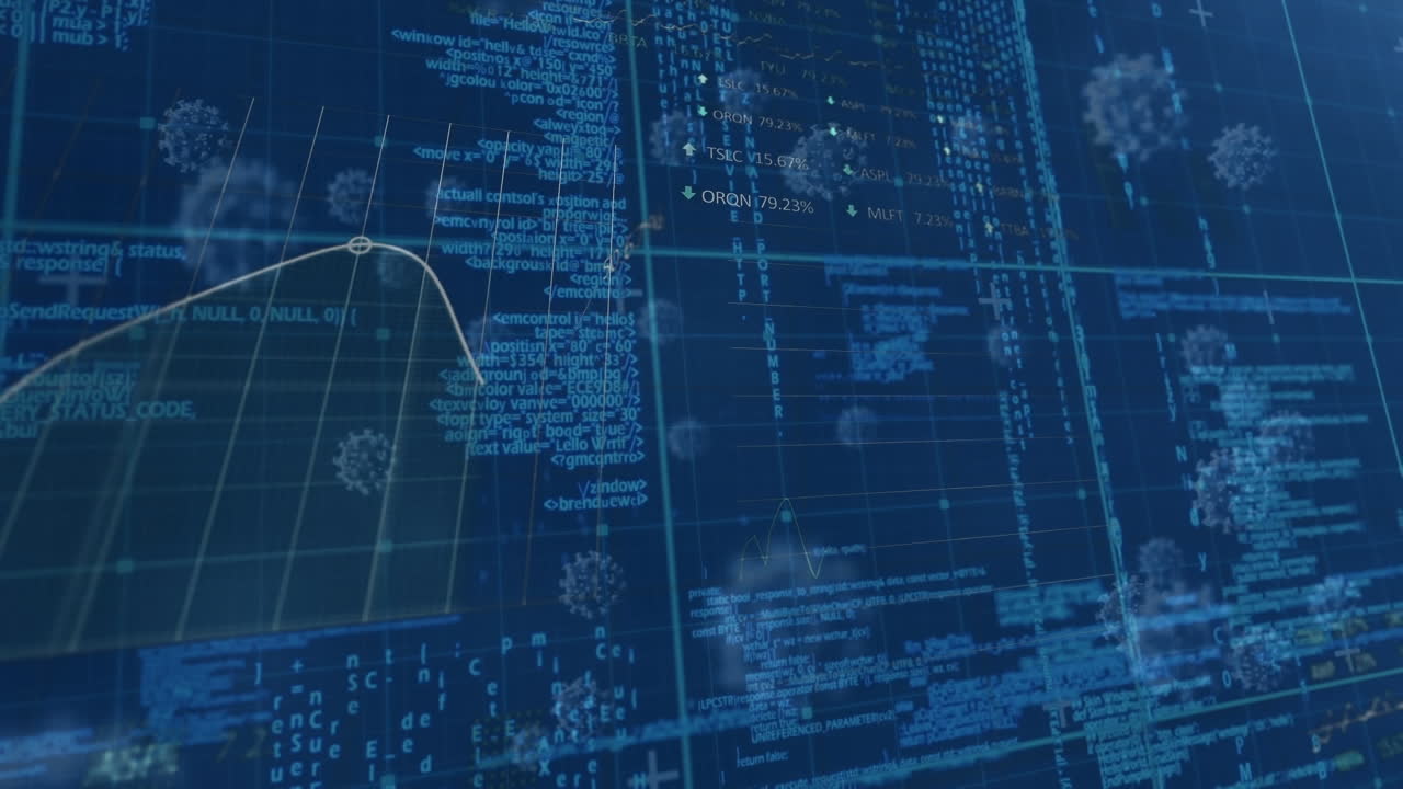 animación del procesamiento de datos financieros sobre células de virus