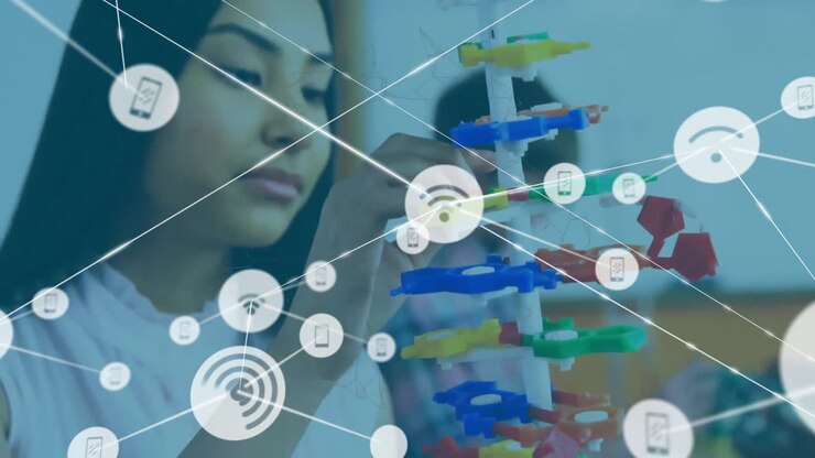 Animation of connected icons over biracial girl playing with legos in classroom