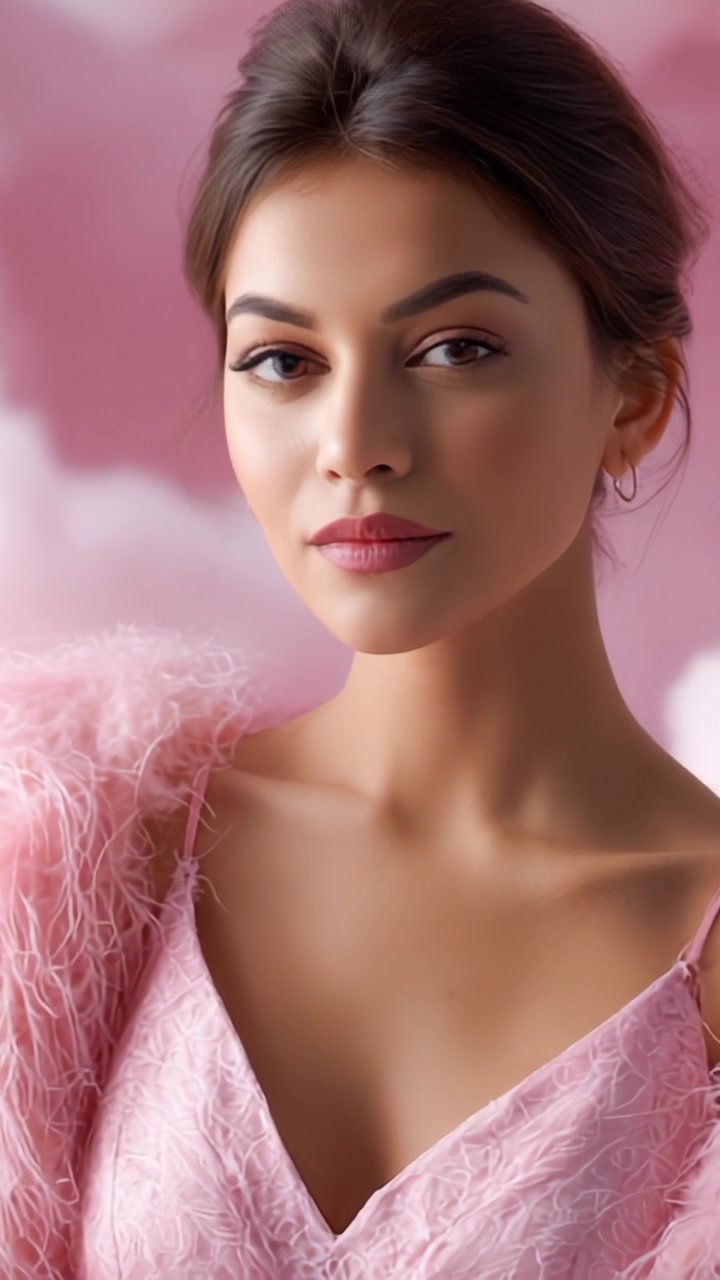 Ritratto accattivante di una giovane donna con un elegante abito rosa su uno sfondo rosa tenue e sognante, che mette in mostra bellezza e grazia con un tocco di fascino