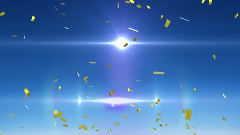 animation of gold confetti falling over glowing light on blue background