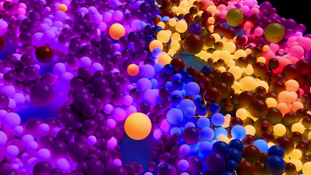3d bucle de animación en 4k con hermosas esferas pequeñas y grandes o bolas como un fondo de vacaciones abstractas. hermosa composición de coloridas esferas brillantes