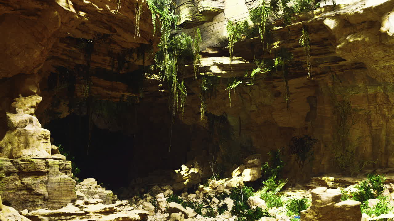 Exploring a natural cave with lush greenery in an untouched landscape