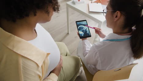 pregnant woman with doctor looking at ultrasound on tablet
