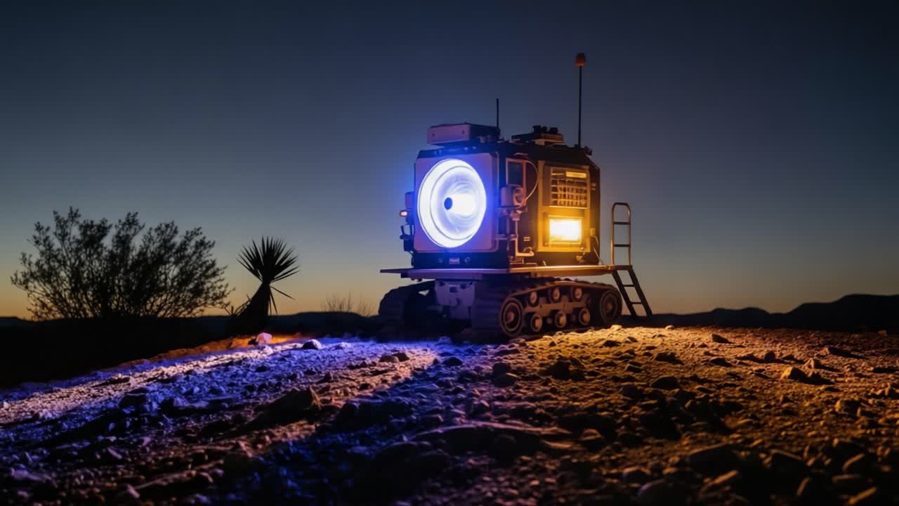 A Remote Illuminated Vehicle at Dusk: Exploring the Unique Design and Functionality of advanced robotic technology set against a tranquil desert landscape underneath a starry sky