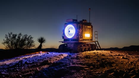 a remote illuminated vehicle at dusk: exploring the unique design and functionality of advanced robotic technology set against a tranquil desert landscape underneath a starry sky