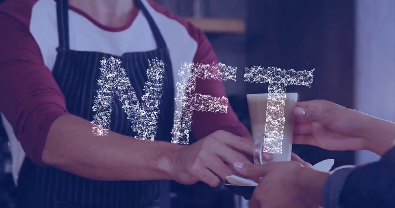 Animation of nft text banner over mid section of male waiter serving coffee at a cafe