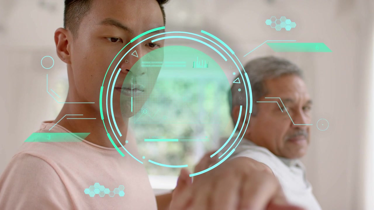 Adult man holding palm, moving right finger, tapping teal HUD, showing home tech to Senior observer