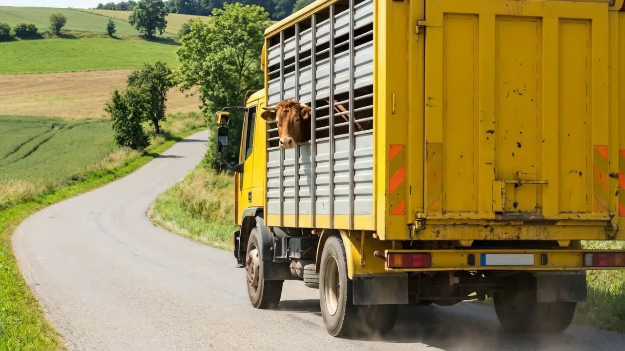 Mucca su un camion giallo per bestiame su una strada di campagna