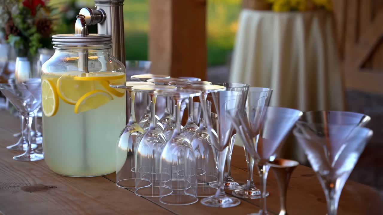 Lemonade dispenser and assorted glasses on a wooden table at an event