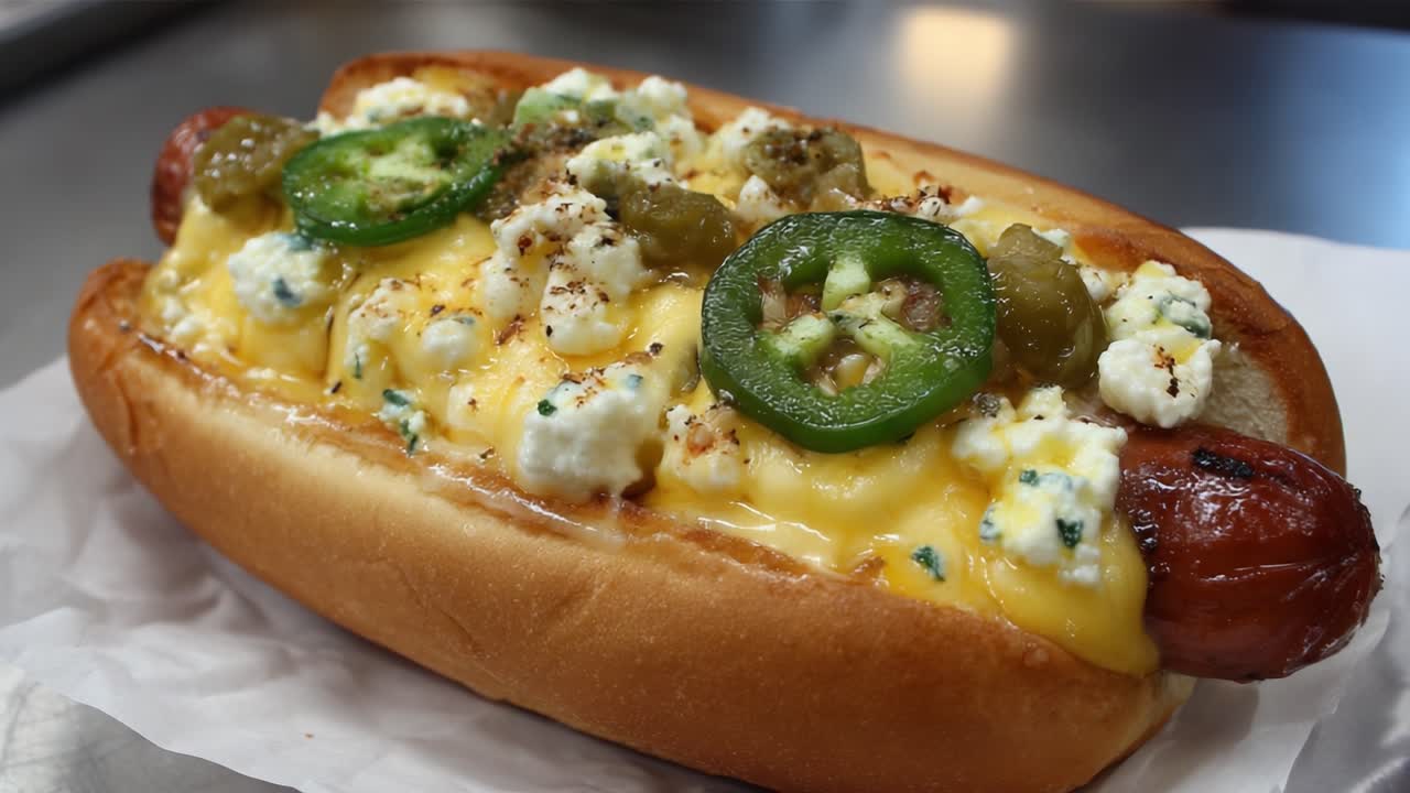 Un delizioso hot dog carico di formaggio cremoso, jalapeños piccanti e cetriolini sottaceto, che mostra una salsiccia perfettamente grigliata in un panino morbido per un sapore eccezionale