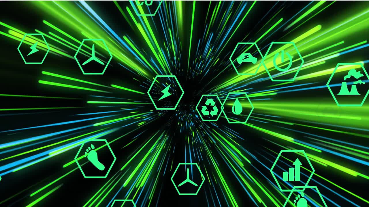 animación de la red de conexiones con iconos ecológicos sobre senderos de luz de neón verde y azul