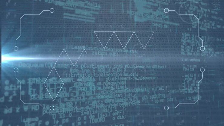 Animation of data processing over glowing computer circuit board
