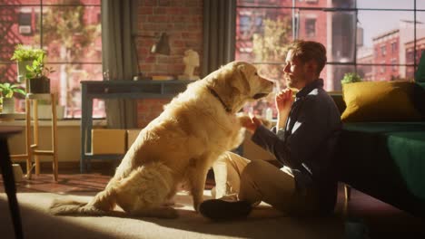 young adult man having fun, training his golden retriever pet on a living room floor. dog owner offering a snack in exchange for shaking dog's paw.