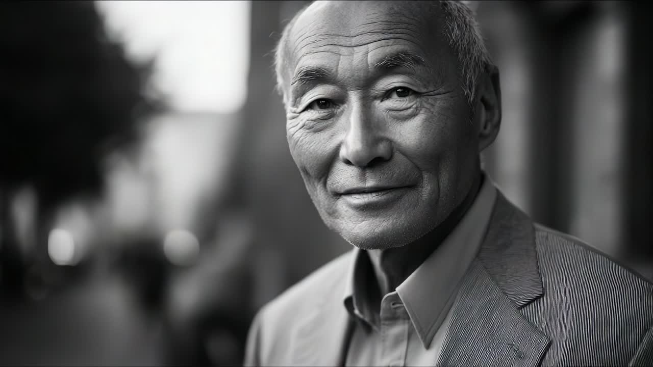 Portrait of a Mature Asian Man in Black and White