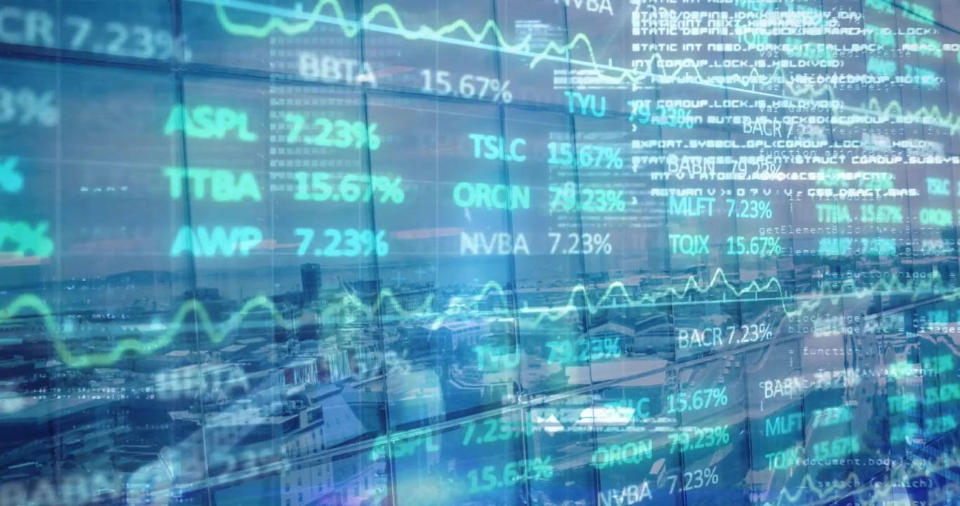 Animazione di grafici finanziari e dati su un paesaggio urbano