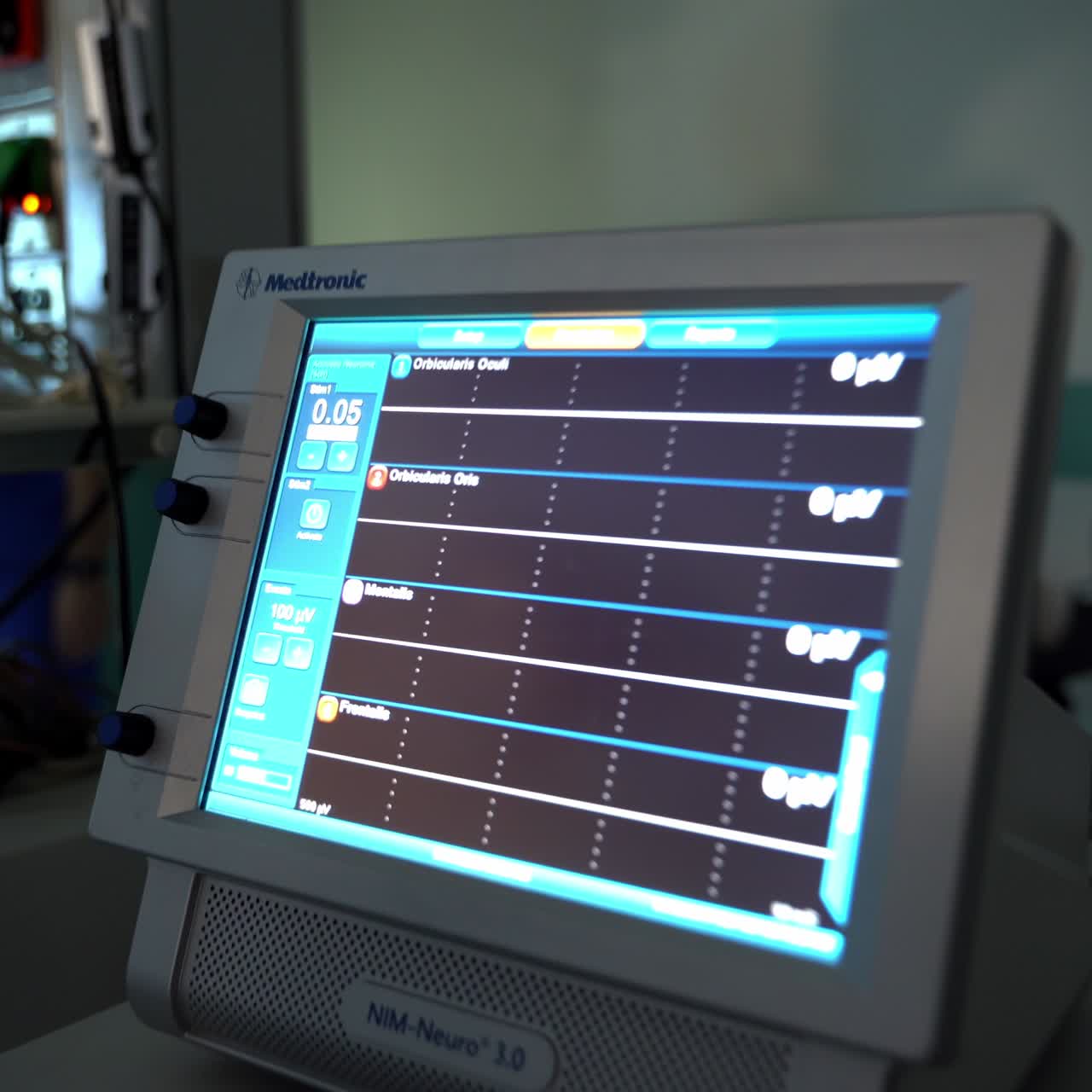Approaching to the screen of the medical equipment. Monitor showing the vital indexes of a patient. Close up