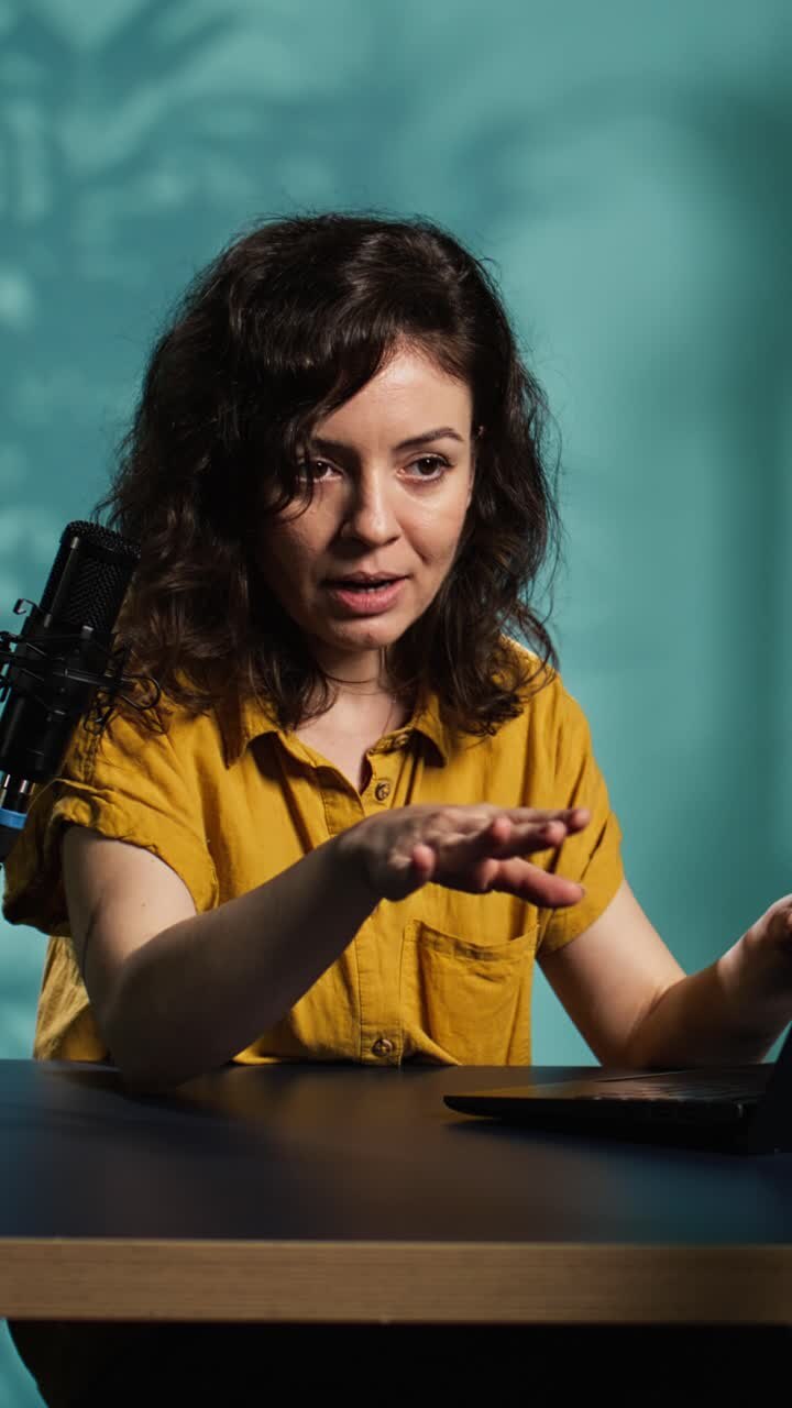 Podcaster donna che parla e digita sul portatile