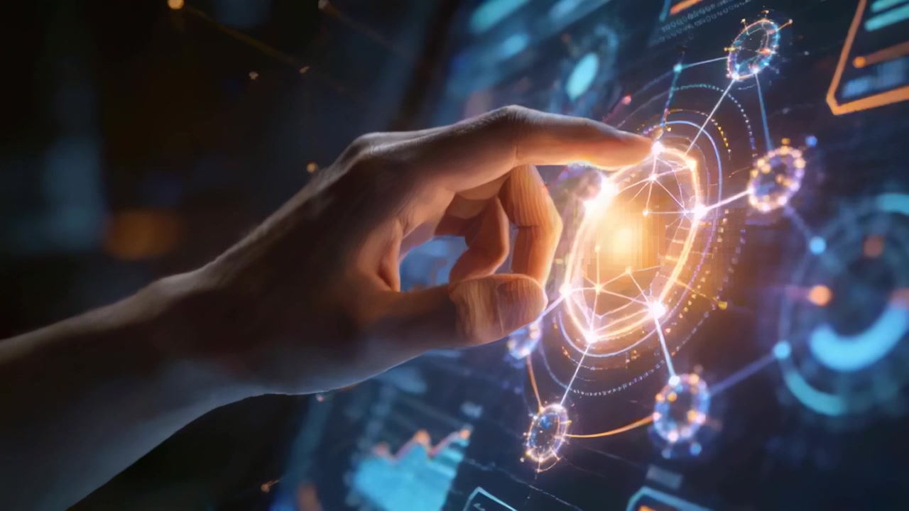 Hovering right hand touching central holographic node at dim control room, activating data charts