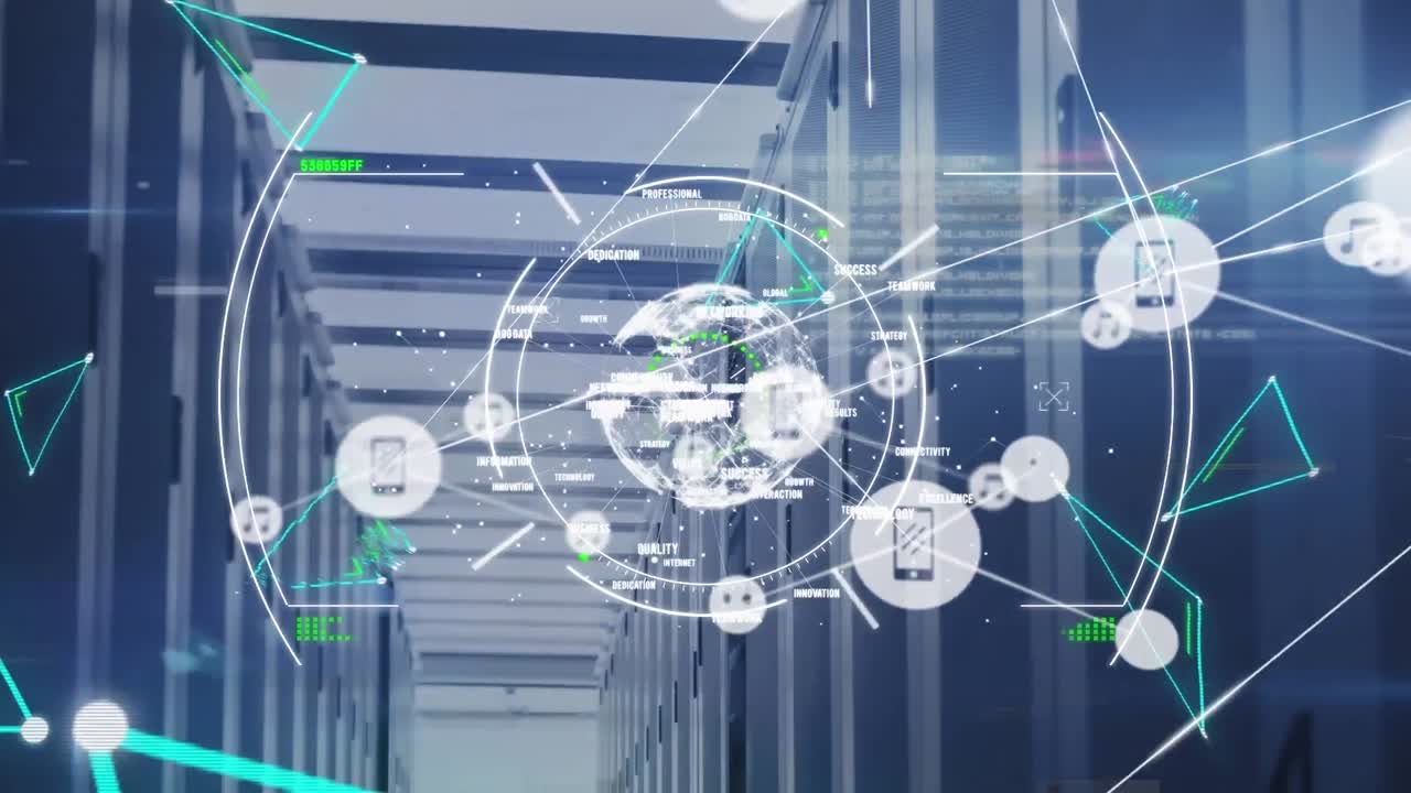 Animation of network of connections and data processing over server room