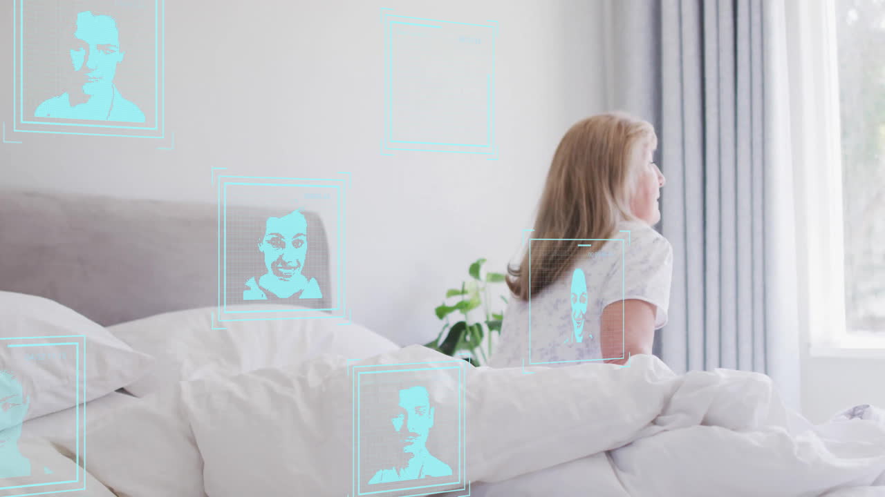 Animation of people icons over caucasian female patient on hospital bed