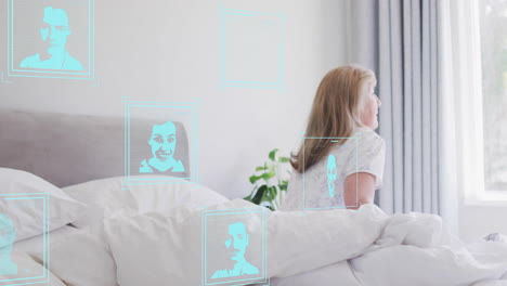 animation of people icons over caucasian female patient on hospital bed