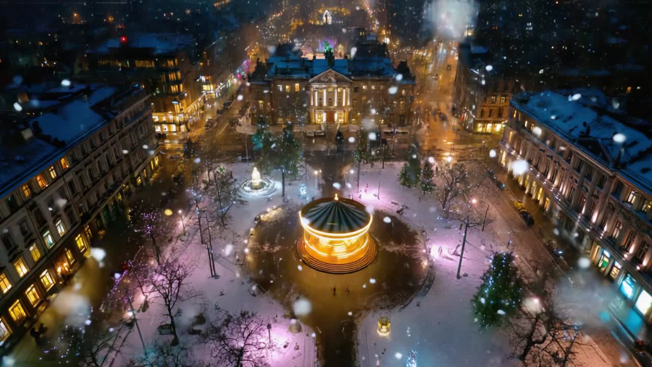 A Breathtaking Winter Wonderland: Enchanting Snowfall Blankets a Vibrant Urban Square, Illuminated by Colorful Lights and Festive Decorations, Creating a Magical Atmosphere for Visitors to Enjoy