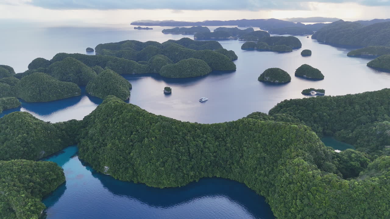 Ripresa aerea cinematografica con drone che orbita sul vivido oceano color acquamarina e sul terreno verdeggiante di Palau. Ampia ripresa cinematografica con drone in orbita.