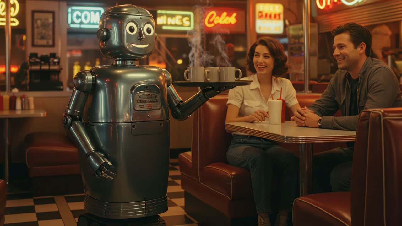 A Charming Robot Waiter Serves Coffee to a Couple in a Retro Diner, Capturing the Nostalgic Essence of Classic American Diners and Futuristic AI Service