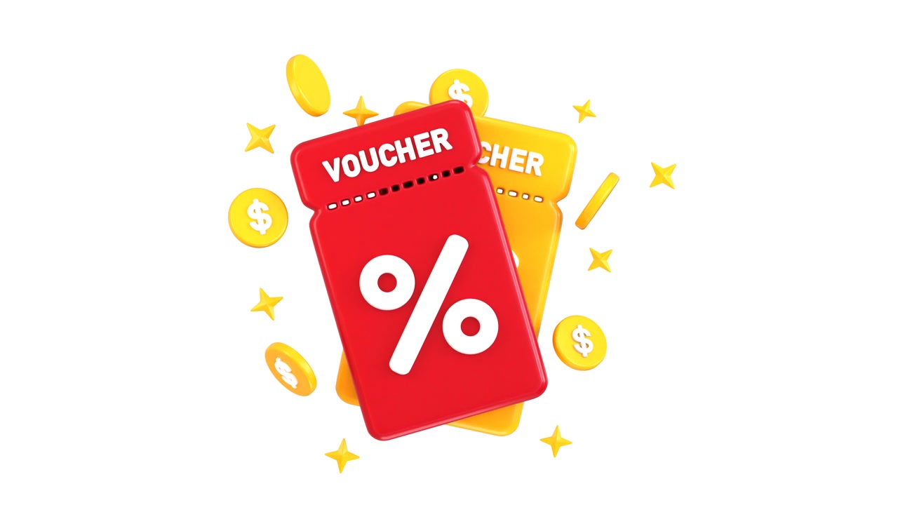 Animação 3D de Vouchers de Desconto Vermelhos e Amarelos com Moedas de Ouro Flutuando
