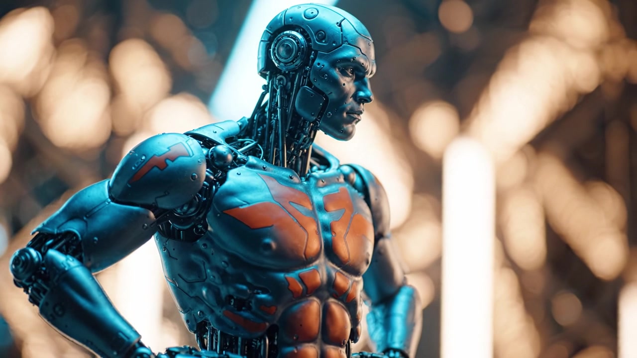 Fremtidige cybernetiske forbedringer inden for robotteknologi: En yderst detaljeret undersøgelse af en avanceret humanoid robot i æstetiske omgivelser med slående farver og teksturer
