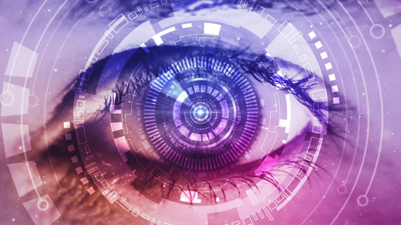 primer plano de ojo futurista de alta tecnología y destello óptico con pantalla verde