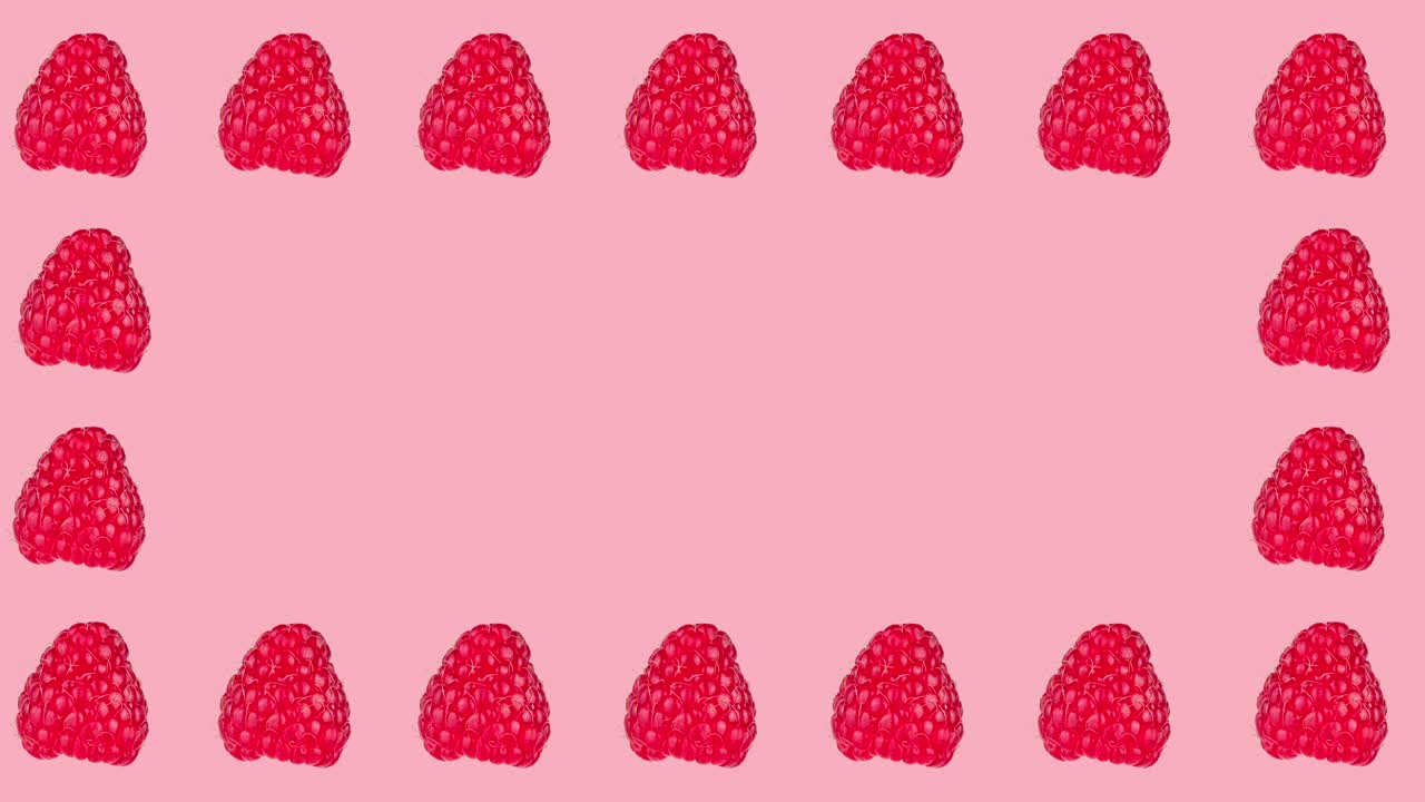 frame with many fresh ripe raspberry animated on a pink background close-up. seamless looping of realistic 3d food. minimal stop motion design art with copy space