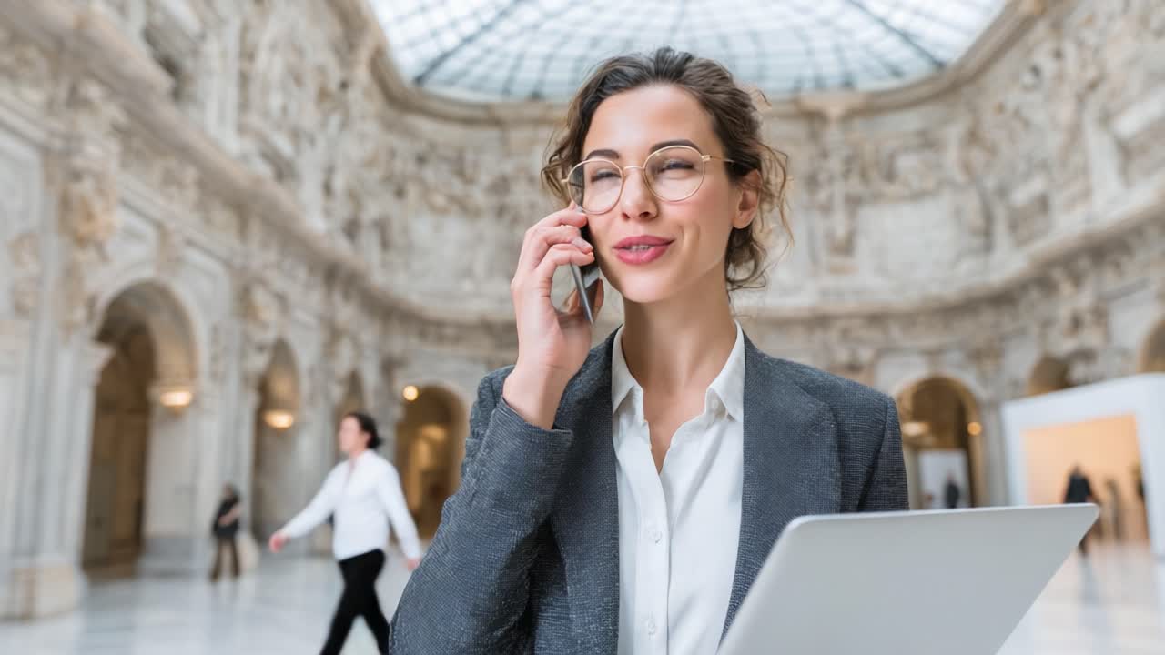 Professionista impegnata in una conversazione mentre utilizza un portatile in un elegante spazio architettonico con soffitto in vetro, che mostra sicurezza e accessibilità