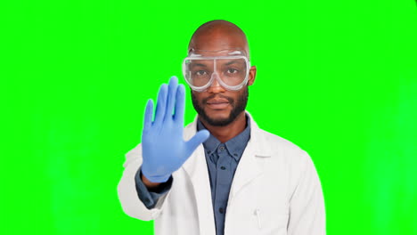Stop,-serious-and-hand-with-scientist-in-green