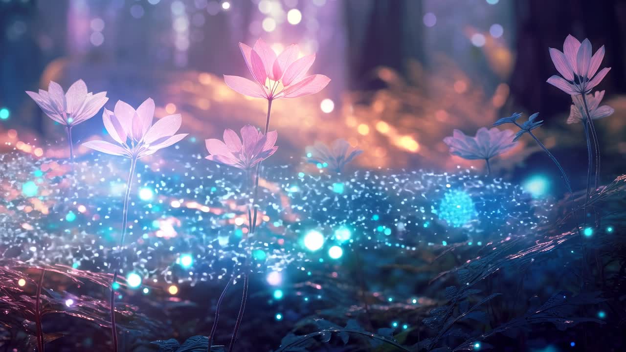 A dreamy, low-angle video shot of glowing flowers in a mystical forest, with soft focus and vibrant