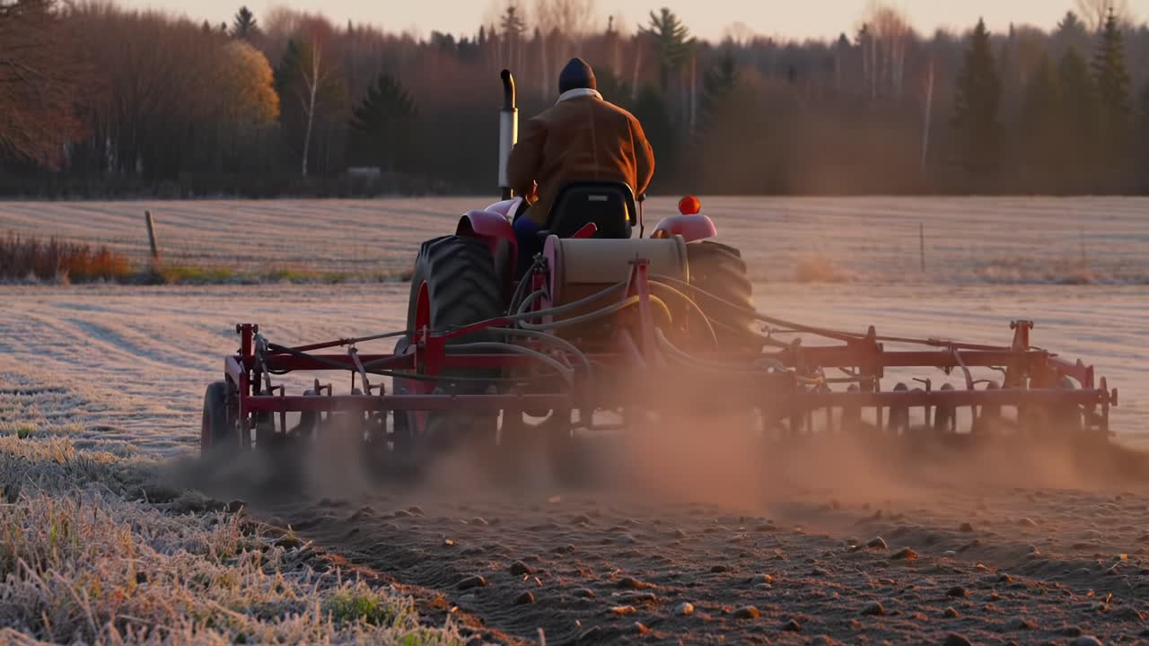 Early Morning Agricultural Activity: A Farmer Operating a Tractor on Frosty Fields, Enthusiastically Preparing the Soil for Planting Season