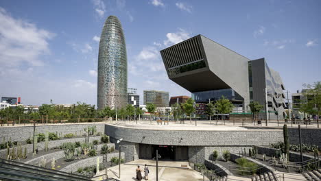 Timelapse of Glories Metro Station In Barcelona and skyline