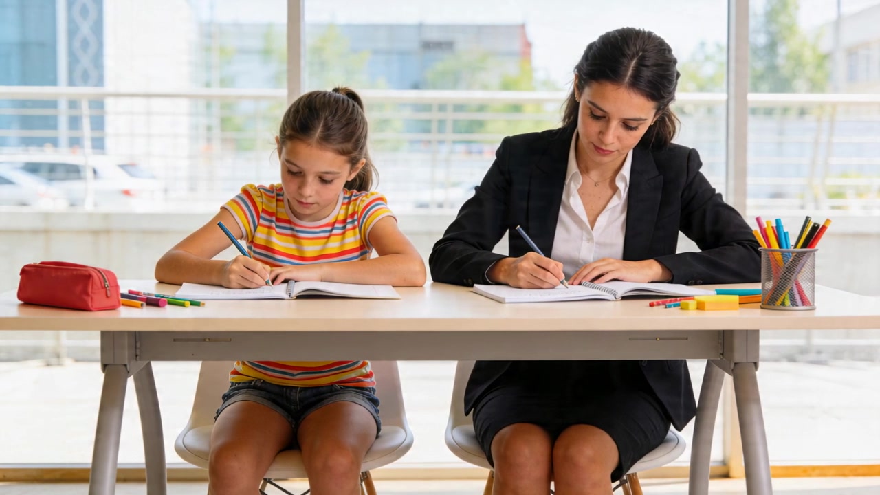 Aprendo i quaderni, un adulto in blazer e un bambino fanno i compiti a casa al tavolo vicino alla finestra.