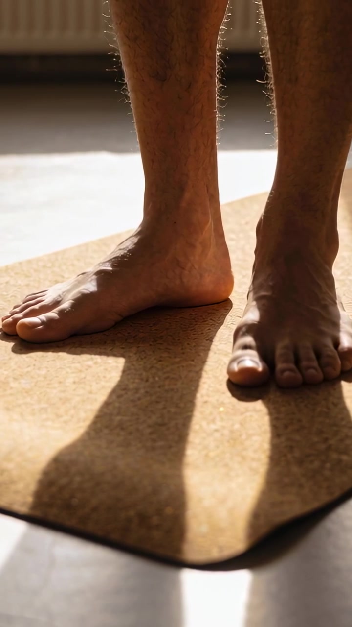 Video verticale: Piedi di due adulti in piedi che flettono le dita, stabilizzandosi su un tappetino di sughero con bordo arricciato.