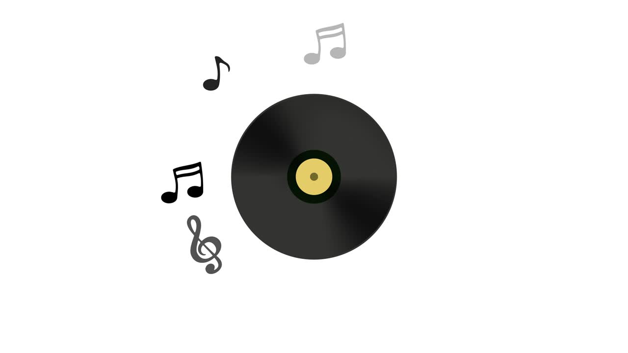 Musical notes and treble clef float around the plate record. Musical background with vinyl disc and a lot of notes. Vinyl record playing music. Dancing musical notes. Animation on white background.