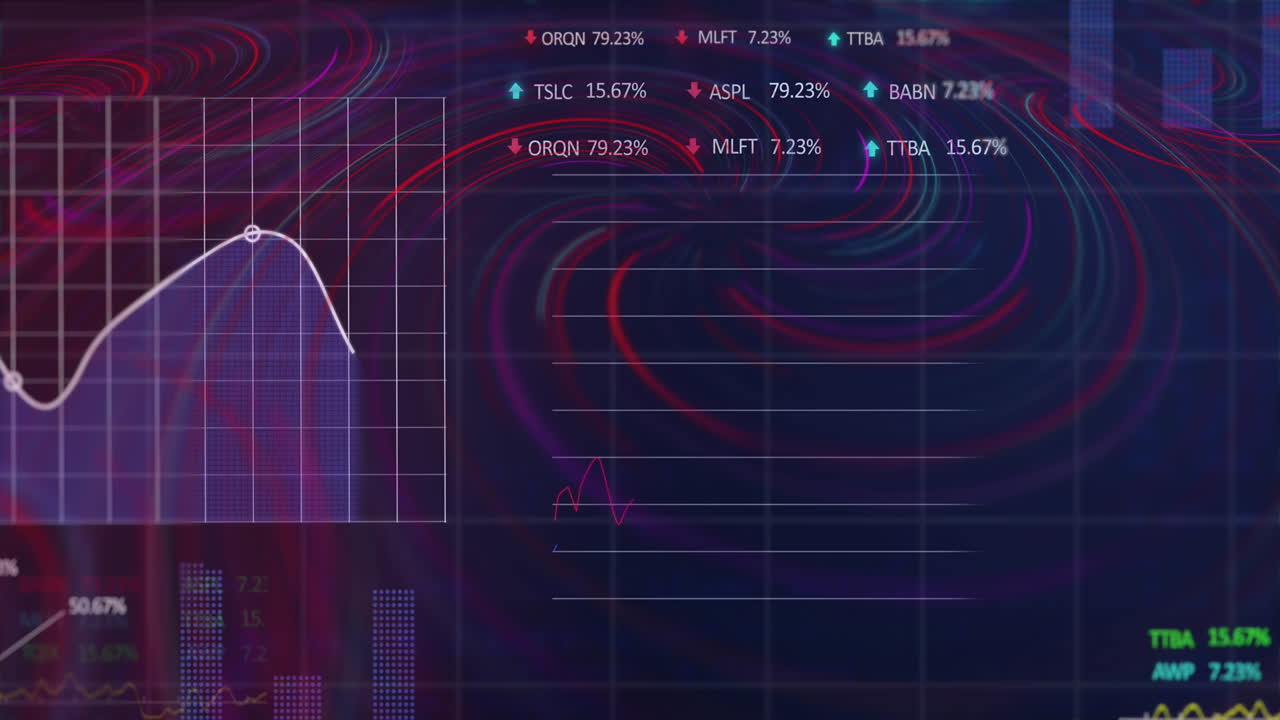 Animation of financial data processing over dark background