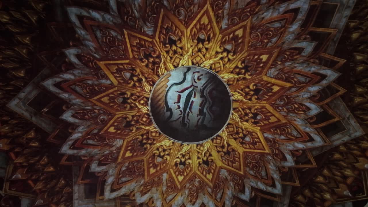 Urutan visual abstrak dalam ruangan yang berputar menampilkan fraktal, kaleidoskopik, pola psychedelic dengan gerakan melingkar, cahaya redup, dan suasana sinematik hipnotis yang berfokus pada simetri dan visual yang mendalam