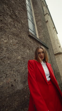 stylish woman in red suit