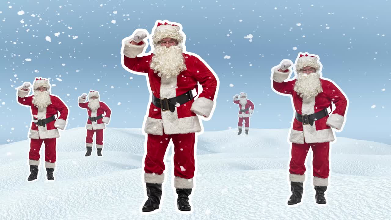 활기찬 산타클로스가 긍정적으로 춤추고, 즐거움을 즐기고, 크리스마스 축하, 새해 축하, 스 모션 디자인, 아트 애니메이션, 즐거운 축하, 재미있는 밝은 4k 아트콜라지, 파티 및 휴가 개념